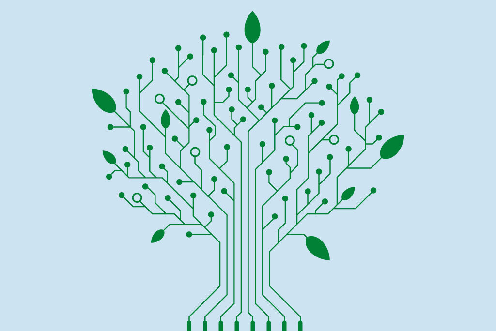 Als Baum gestaltete Leiterplatte als Symbol für die Verknüpfung von Nachhaltigkeit und Digitalisierung